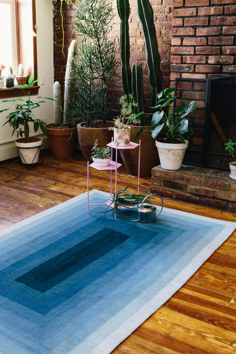 Blue Wool Area Rug with Cotton Warp (4 x 6) - Blue Triangle